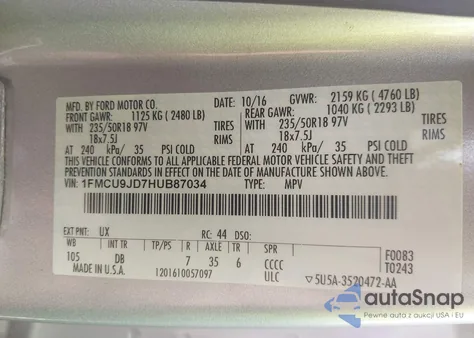 2017 Ford Escape Titanium z USA, uszkodzony, nr VIN 1FMCU9JD7HUB87034